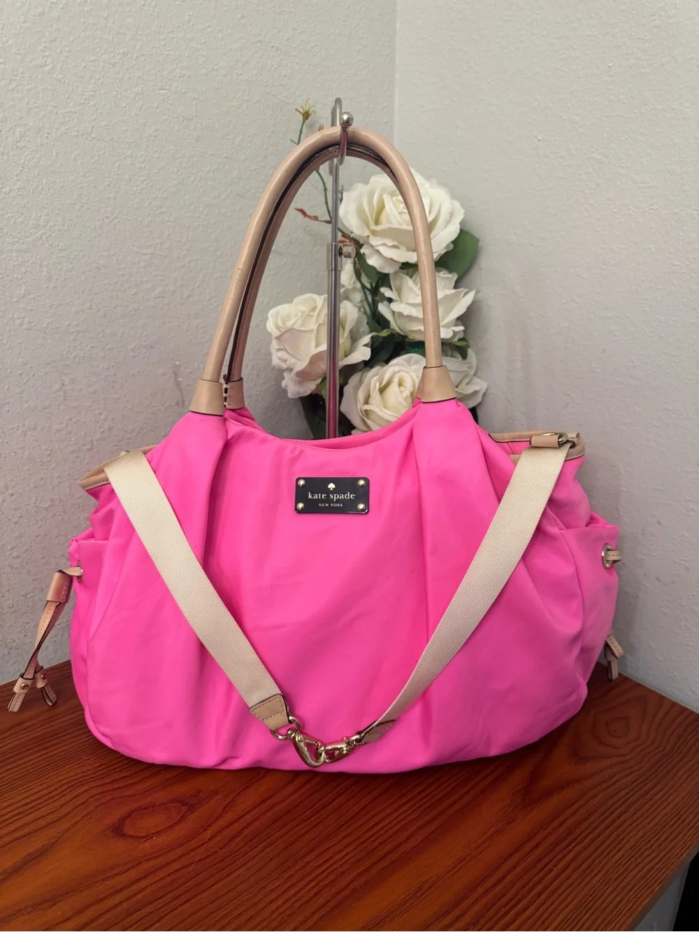 kate spade Bright Pink Nylon Tote with Cream Handles